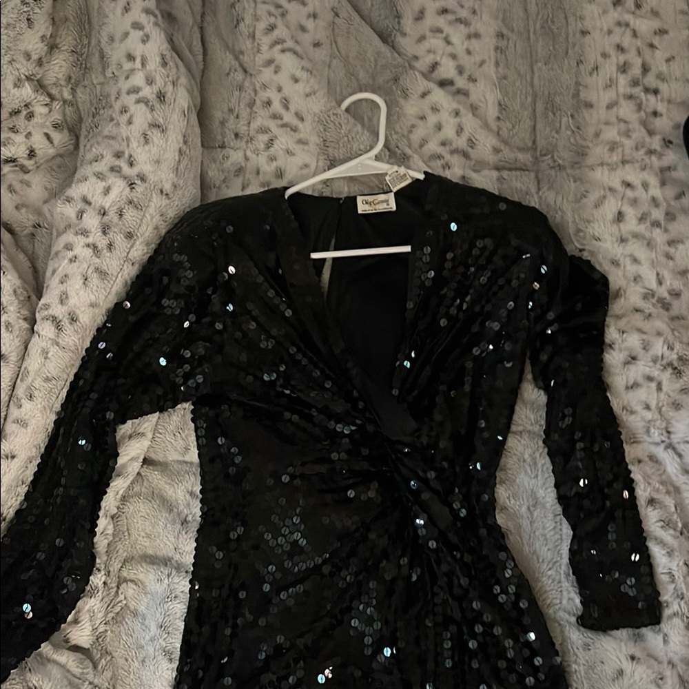 Oleg Cassini Black Sequin Long Sleeve Dress